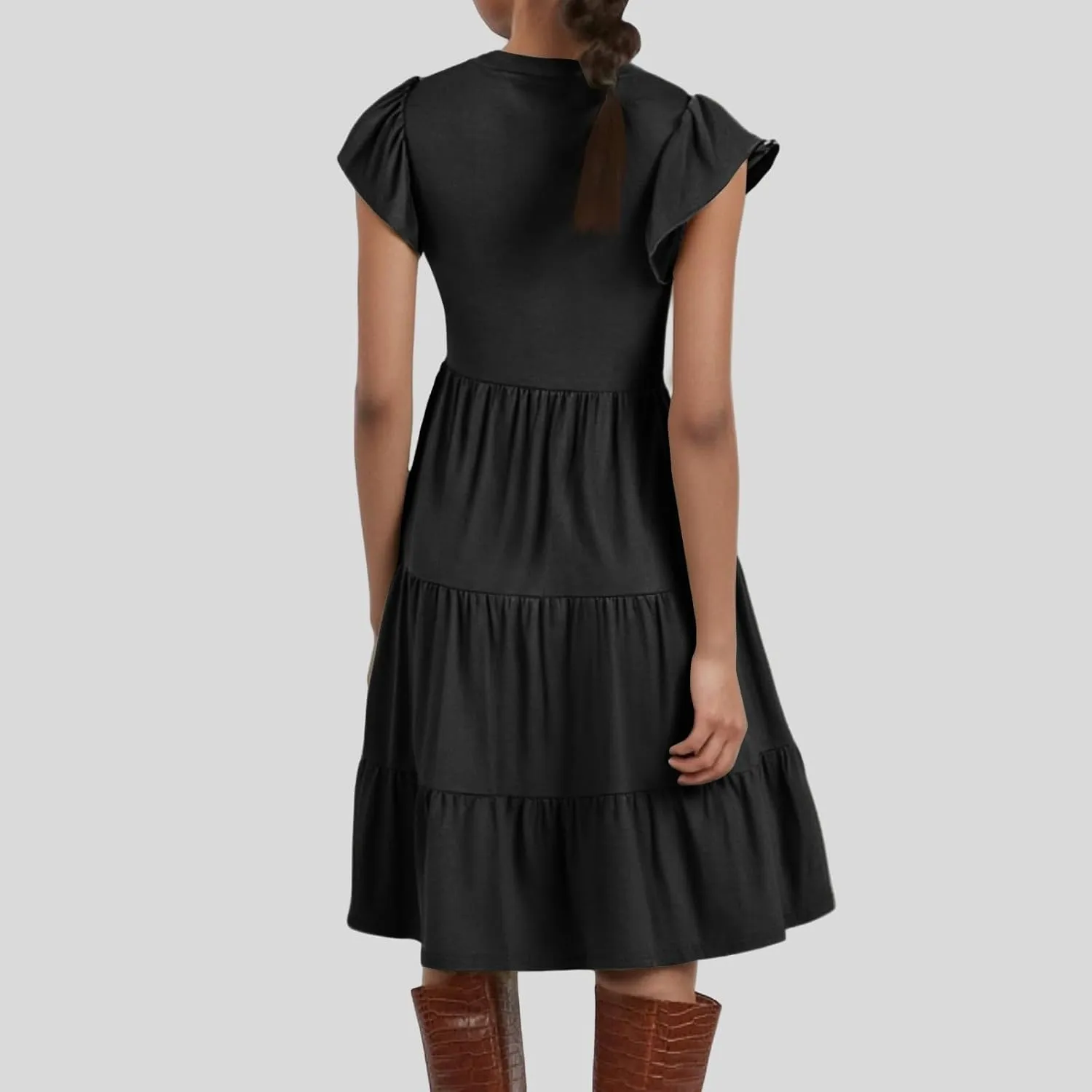 Flowy Swing Tiered Dress Women Summer V Neck Flutter Sleeve Dress with Pocket Vacation Casual Boho Beach Midi Dresses