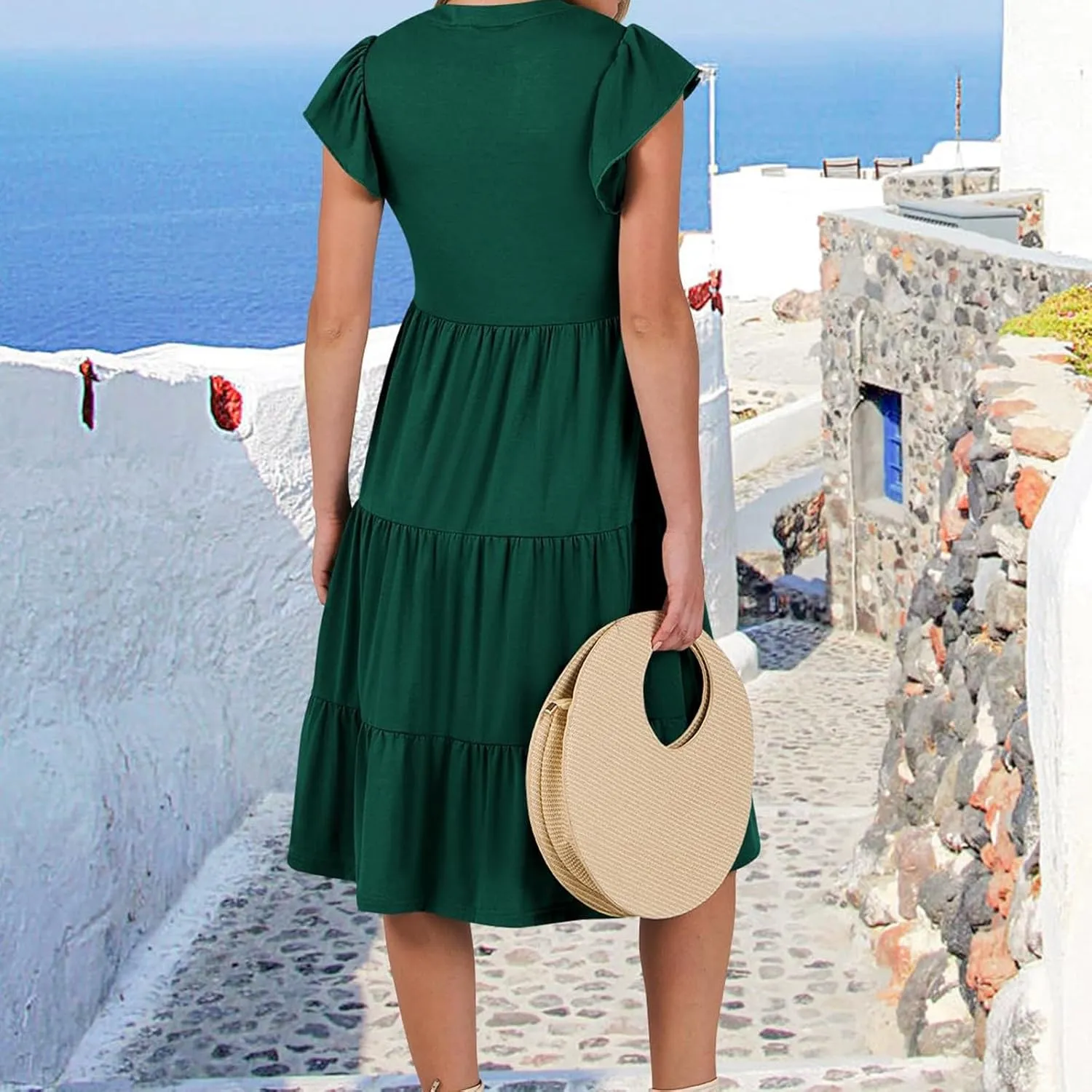 Flowy Swing Tiered Dress Women Summer V Neck Flutter Sleeve Dress with Pocket Vacation Casual Boho Beach Midi Dresses