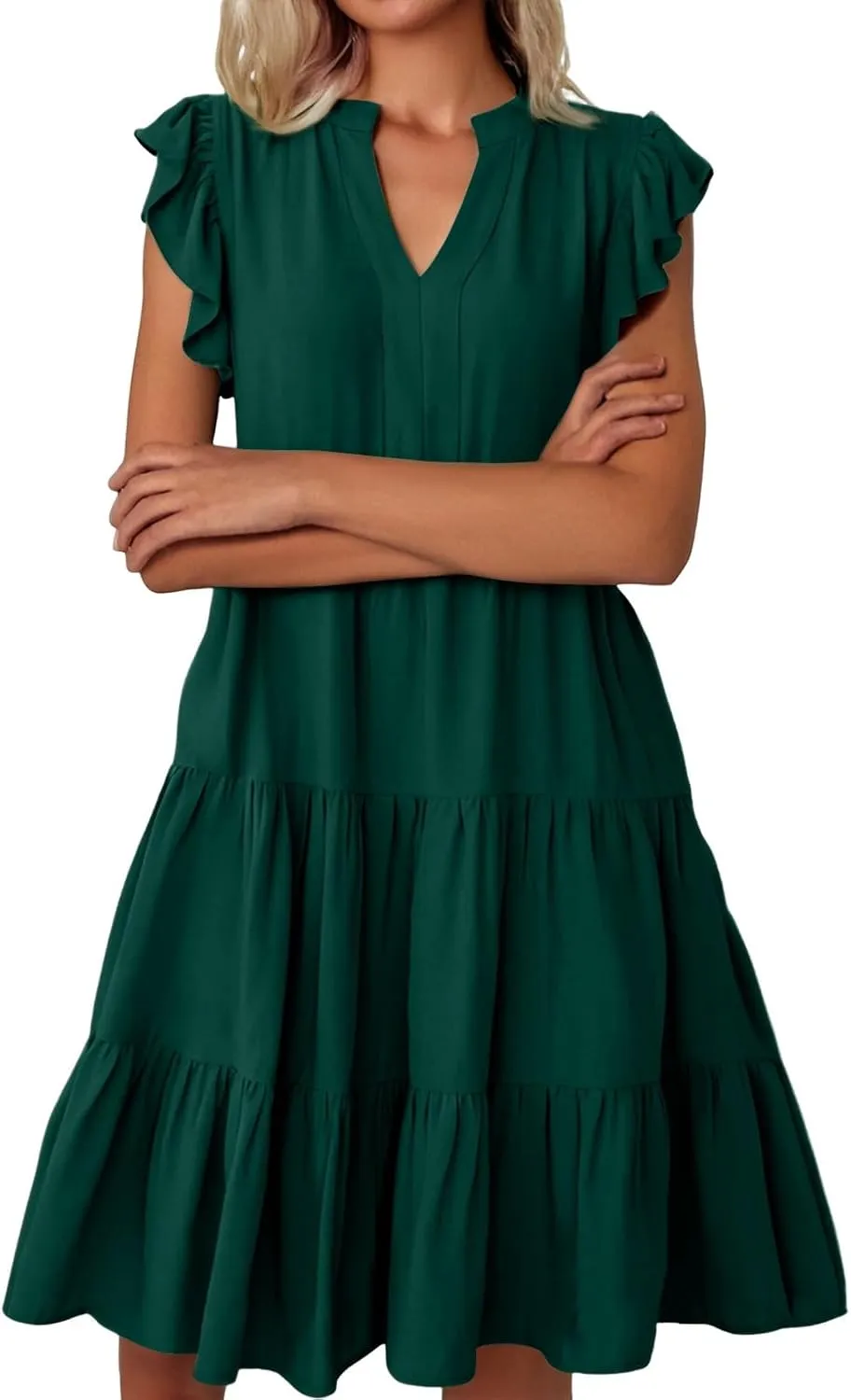 Flowy Swing Tiered Dress Women Summer V Neck Flutter Sleeve Dress with Pocket Vacation Casual Boho Beach Midi Dresses