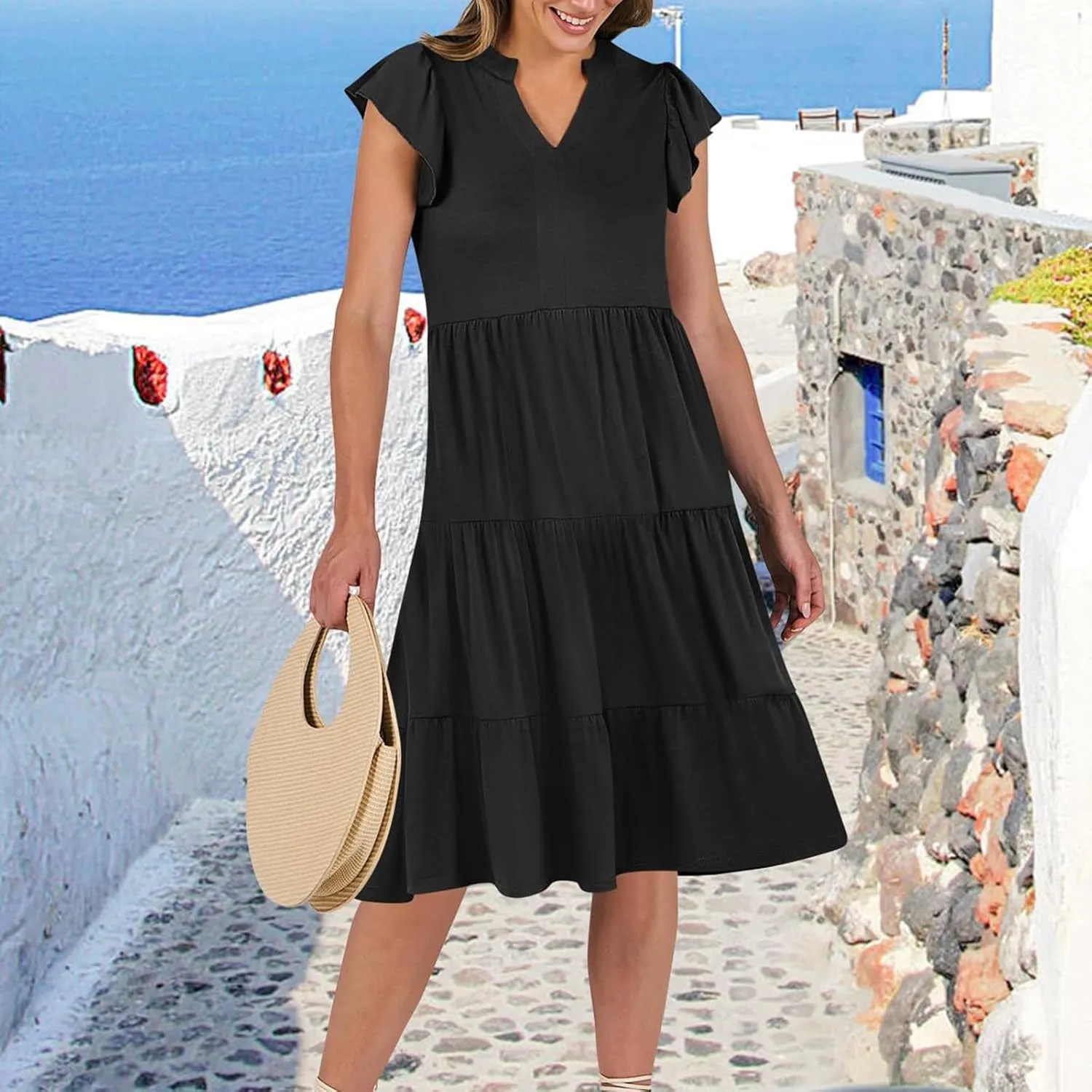 Flowy Swing Tiered Dress Women Summer V Neck Flutter Sleeve Dress with Pocket Vacation Casual Boho Beach Midi Dresses