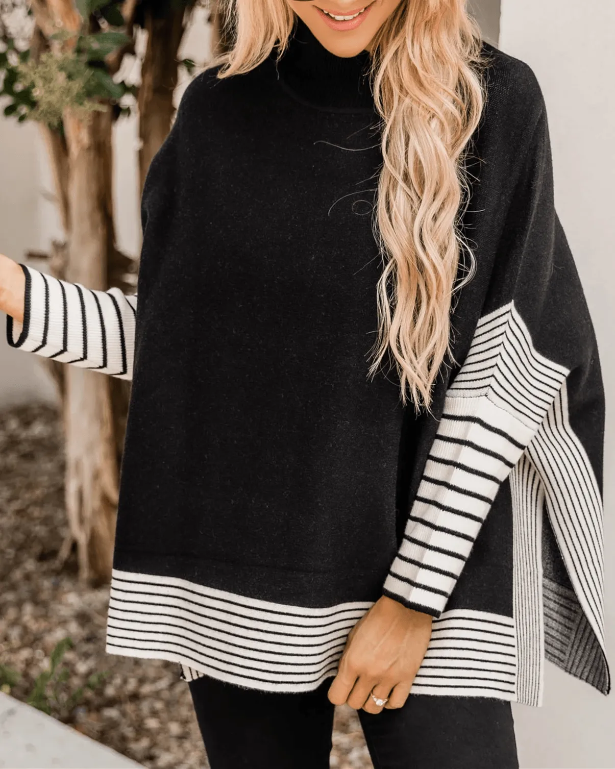 Free Year Knit Striped Poncho - Black