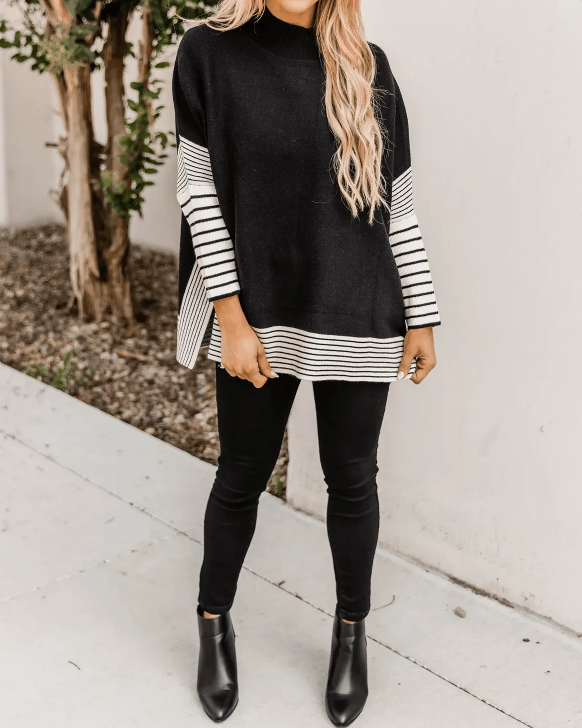 Free Year Knit Striped Poncho - Black