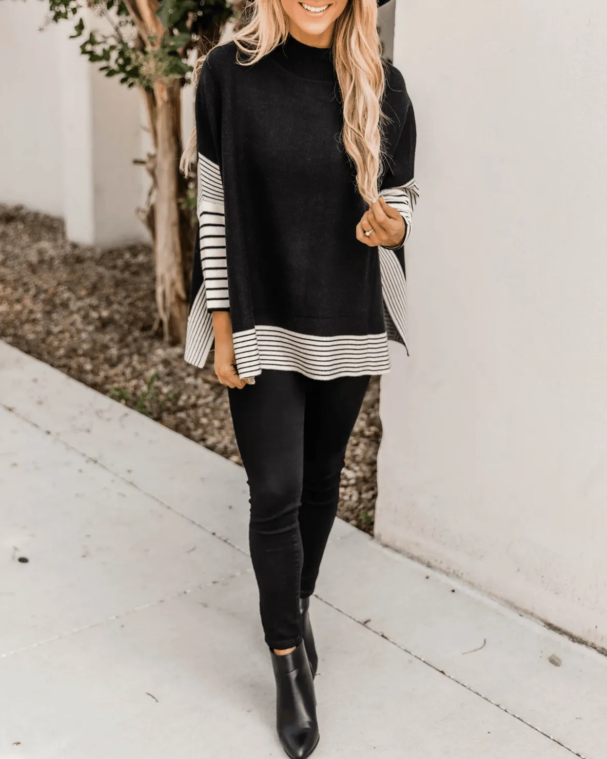 Free Year Knit Striped Poncho - Black