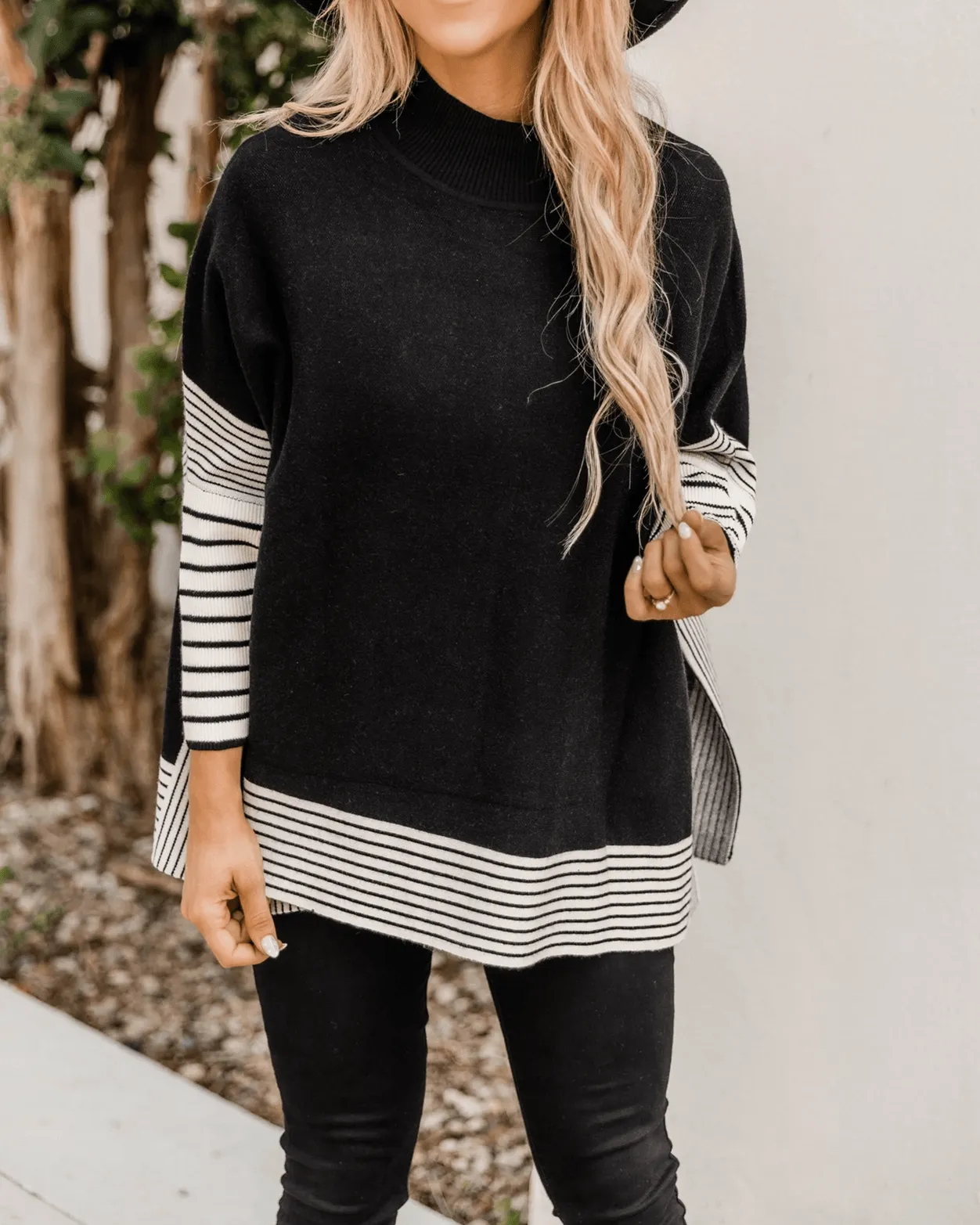 Free Year Knit Striped Poncho - Black