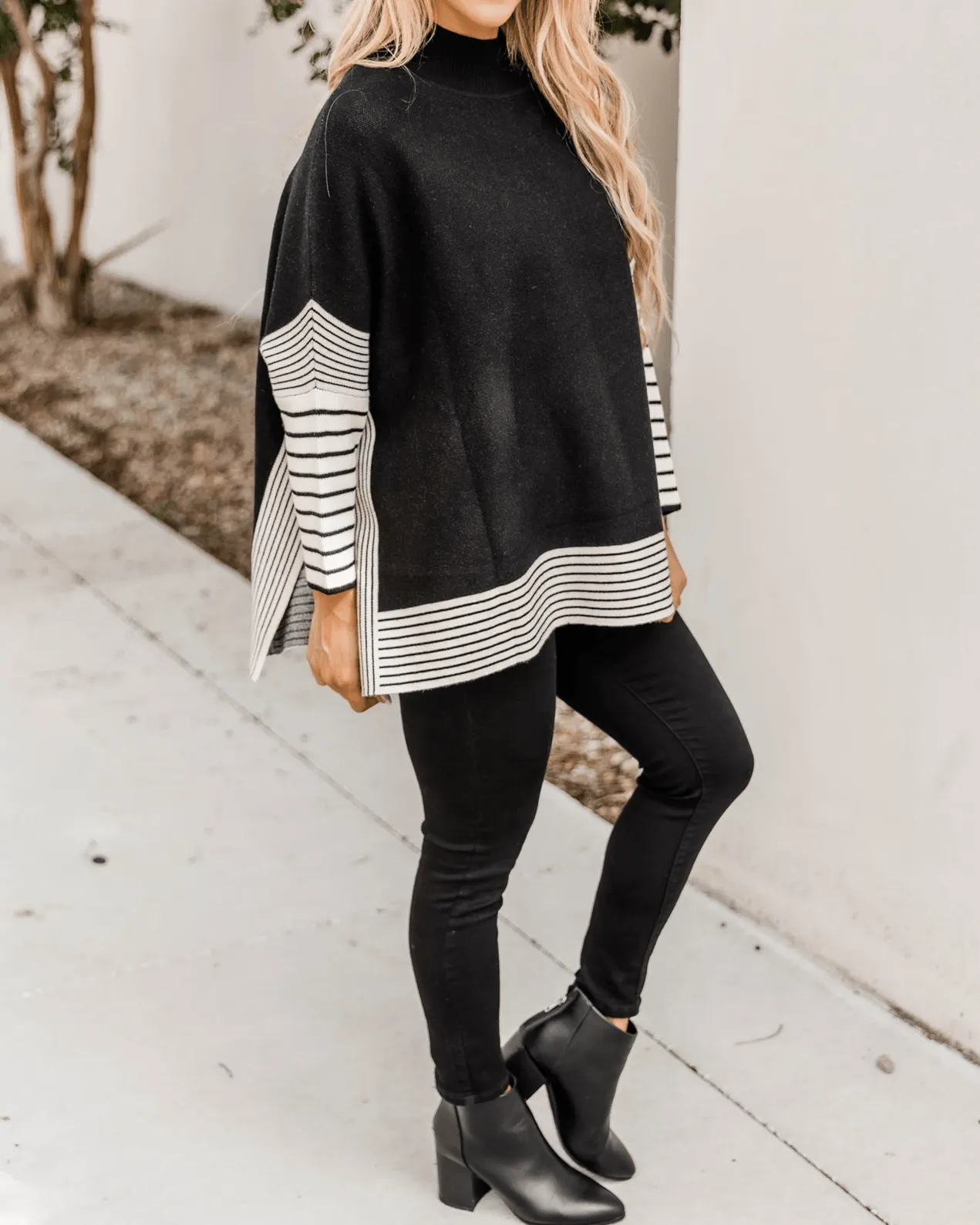 Free Year Knit Striped Poncho - Black