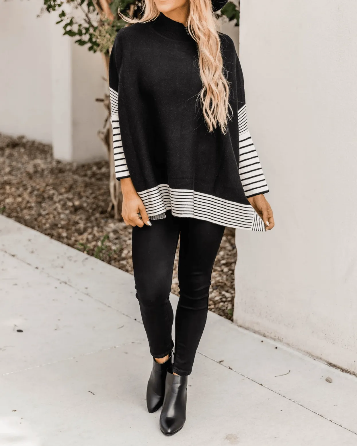 Free Year Knit Striped Poncho - Black