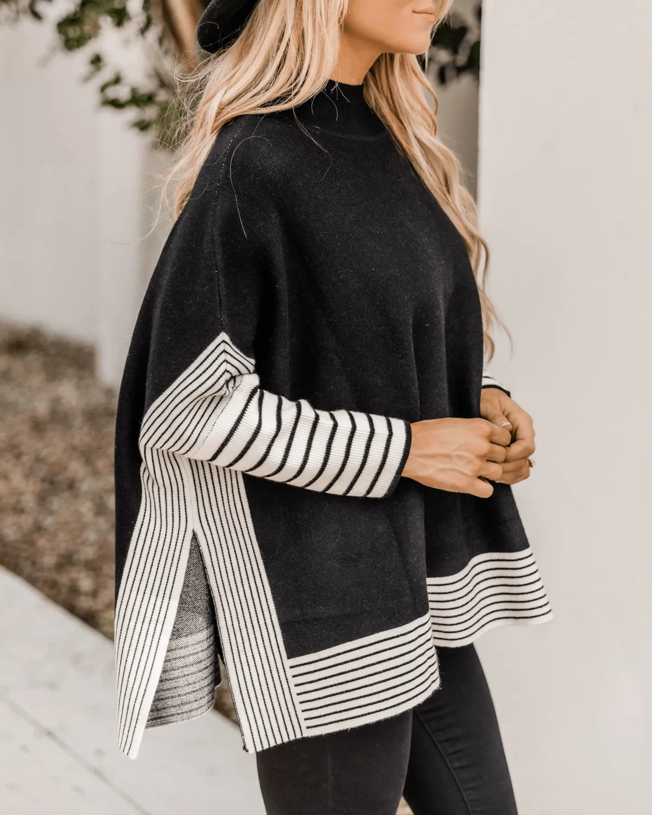 Free Year Knit Striped Poncho - Black