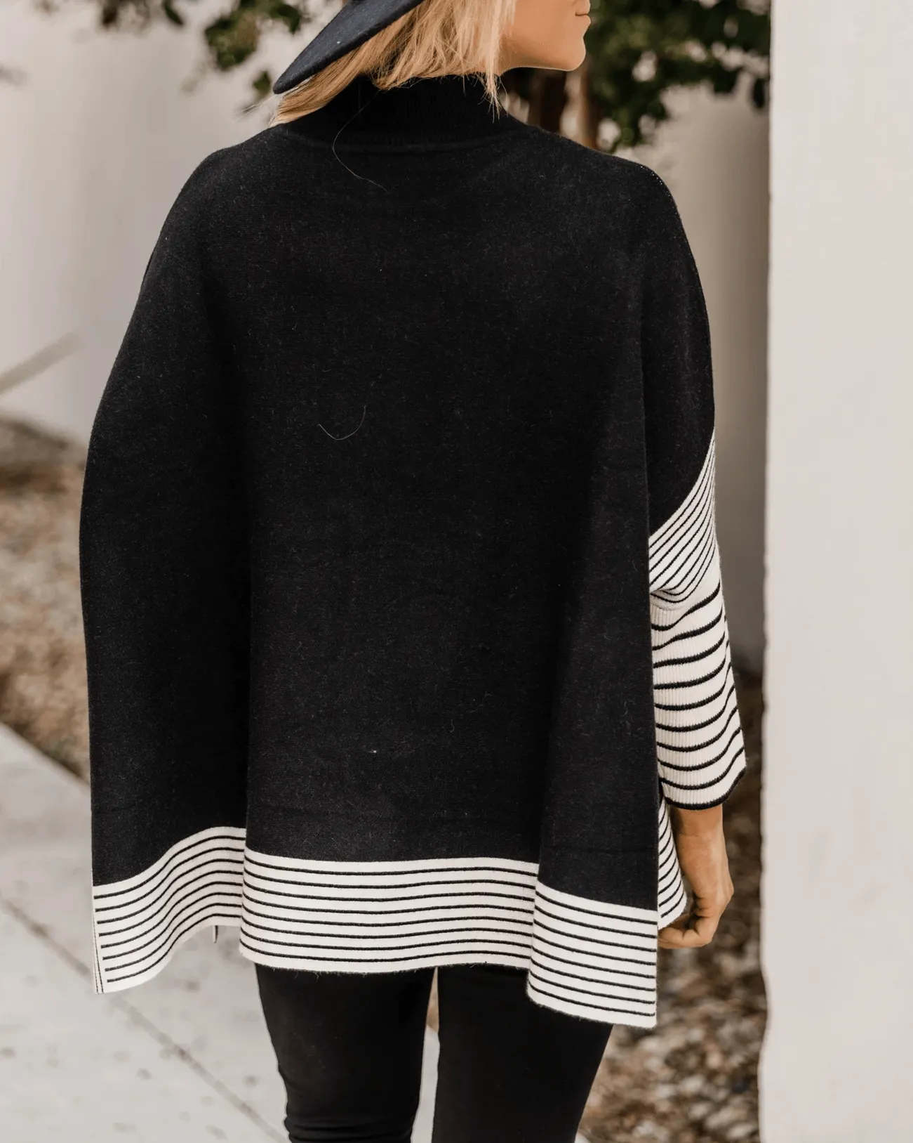 Free Year Knit Striped Poncho - Black