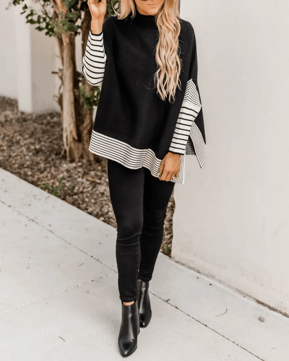 Free Year Knit Striped Poncho - Black