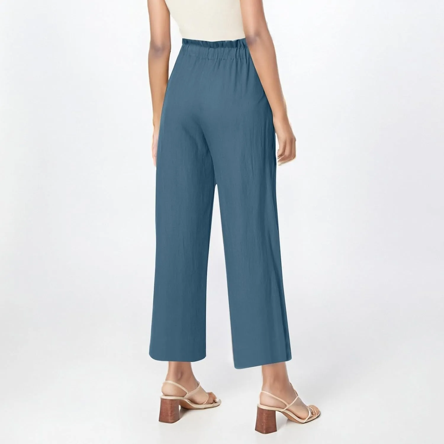 GIERIDUC Capris Pants for Women Cotton Linen Casual Summer Gauze Pant Wide Leg Drawstring Elastic Waist Cropped Trouser