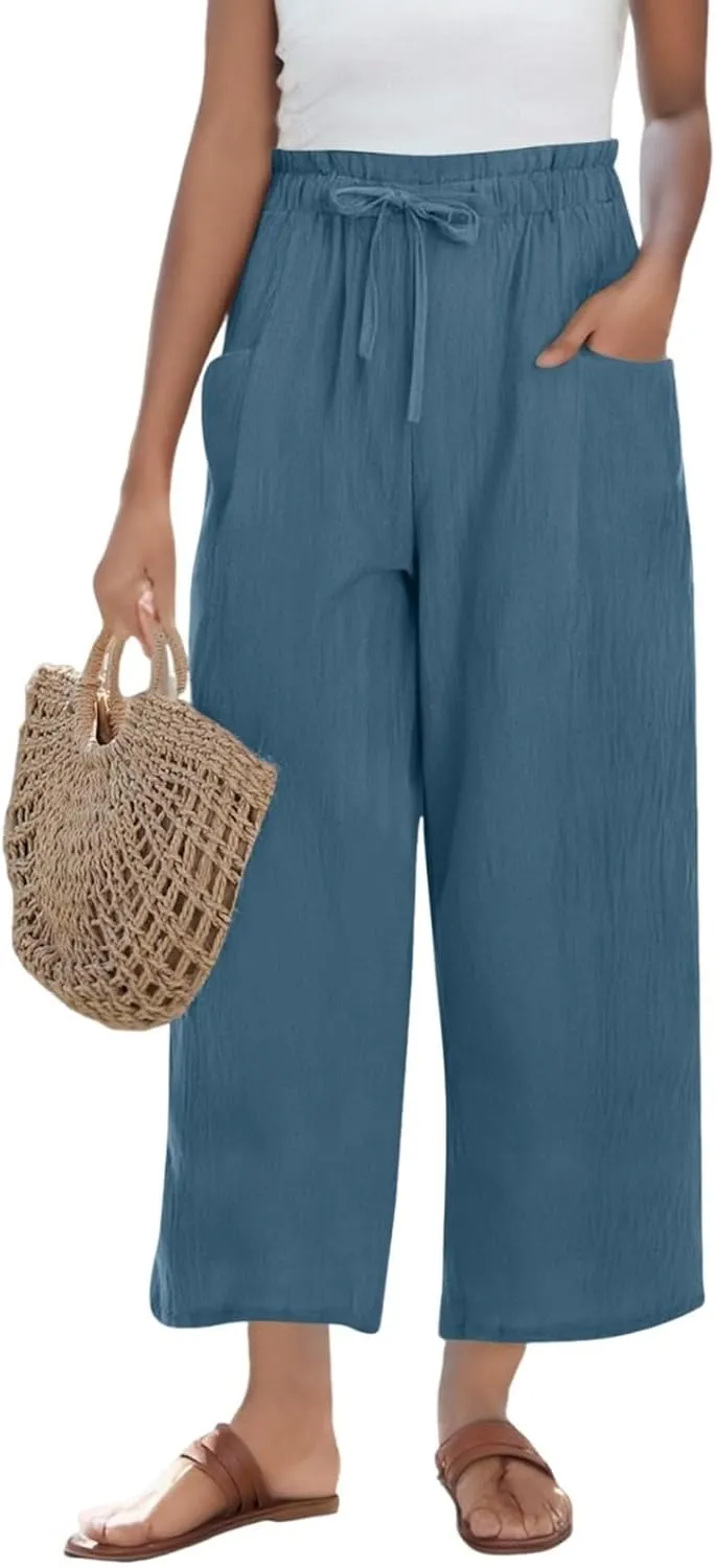 GIERIDUC Capris Pants for Women Cotton Linen Casual Summer Gauze Pant Wide Leg Drawstring Elastic Waist Cropped Trouser