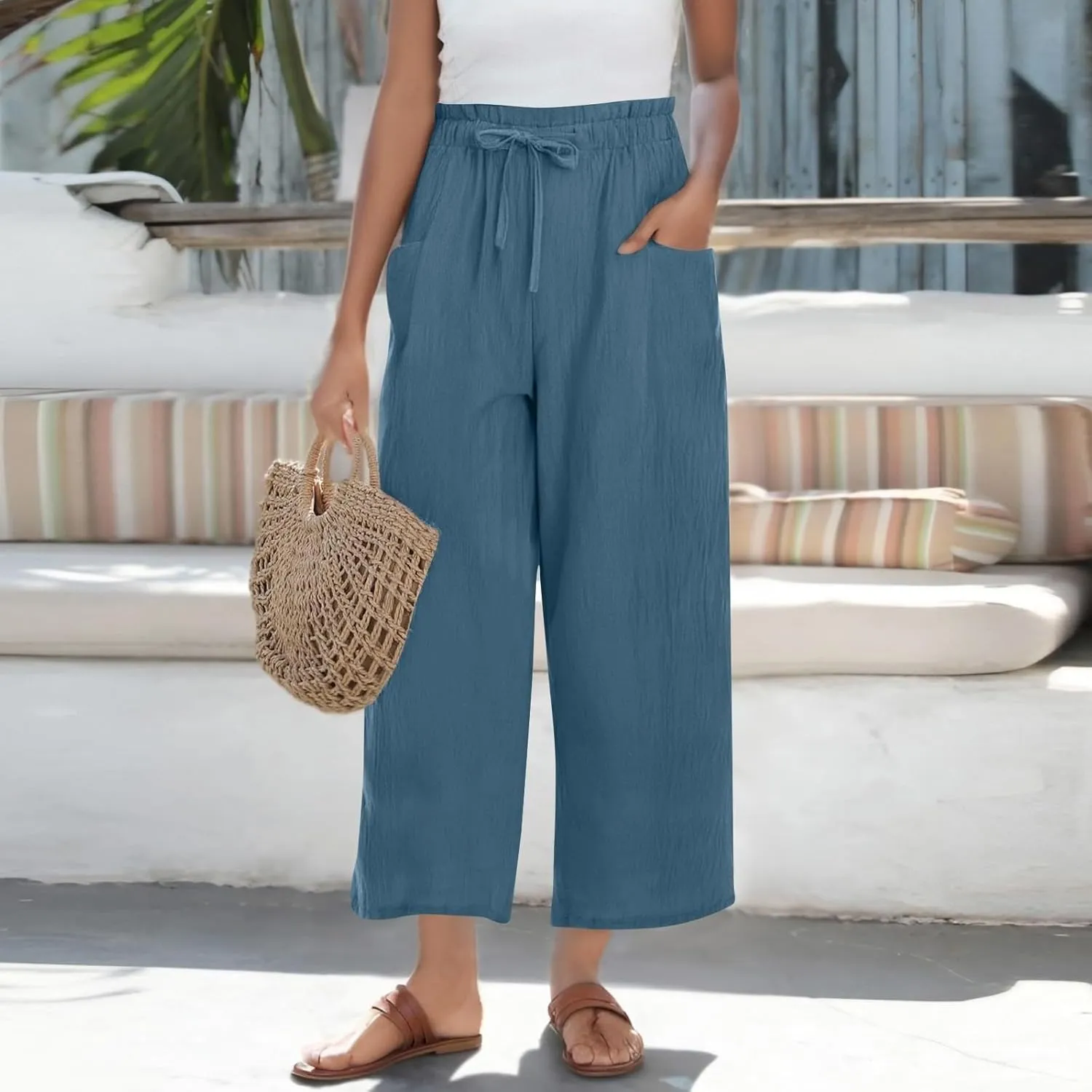 GIERIDUC Capris Pants for Women Cotton Linen Casual Summer Gauze Pant Wide Leg Drawstring Elastic Waist Cropped Trouser