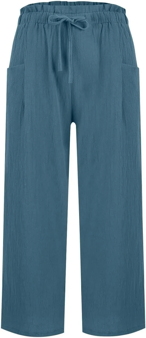 GIERIDUC Capris Pants for Women Cotton Linen Casual Summer Gauze Pant Wide Leg Drawstring Elastic Waist Cropped Trouser