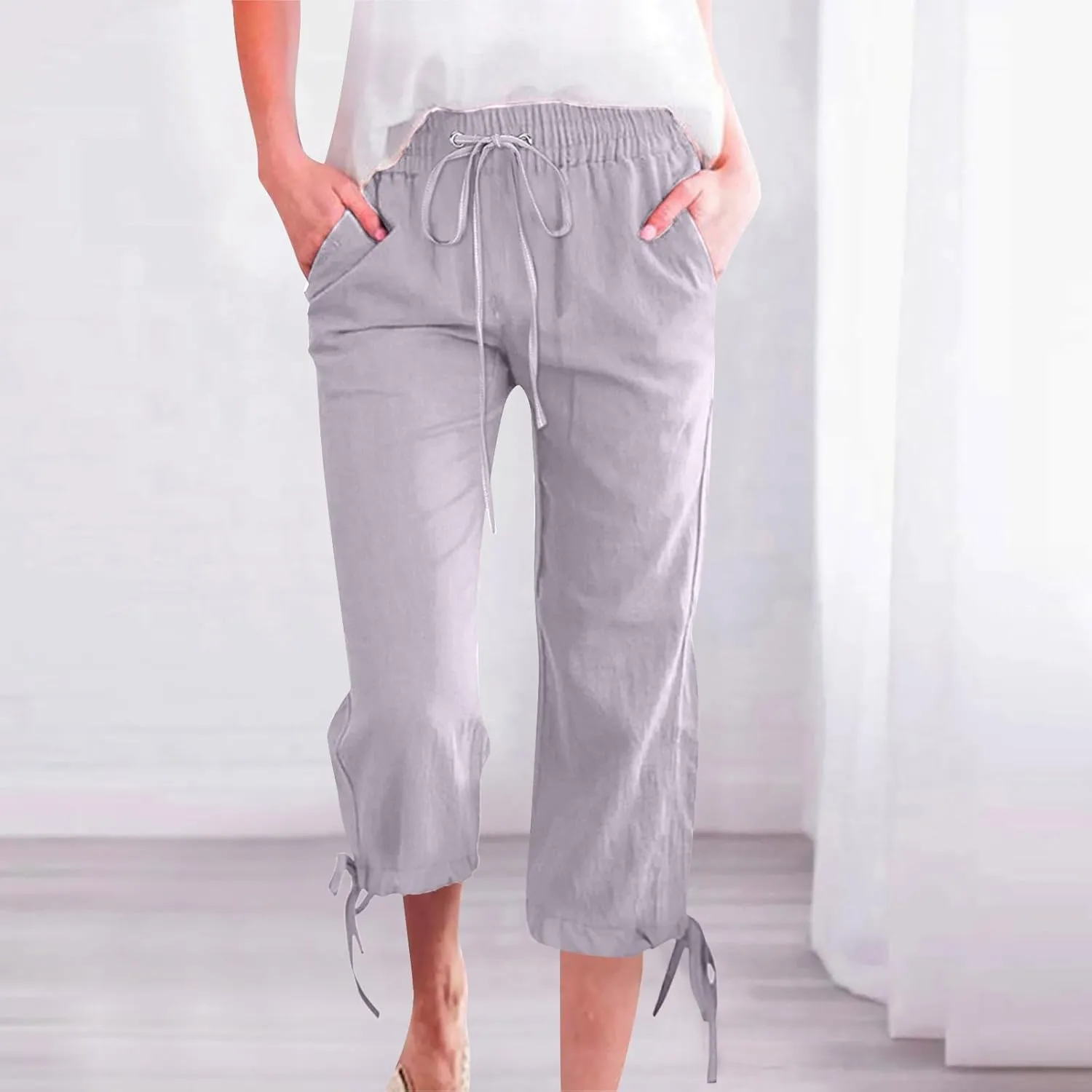 GIERIDUC Capris Pants for Women Cotton Linen Casual Summer Straight Wide Leg Loose Drawstring Elastic Waist Cropped Trousers