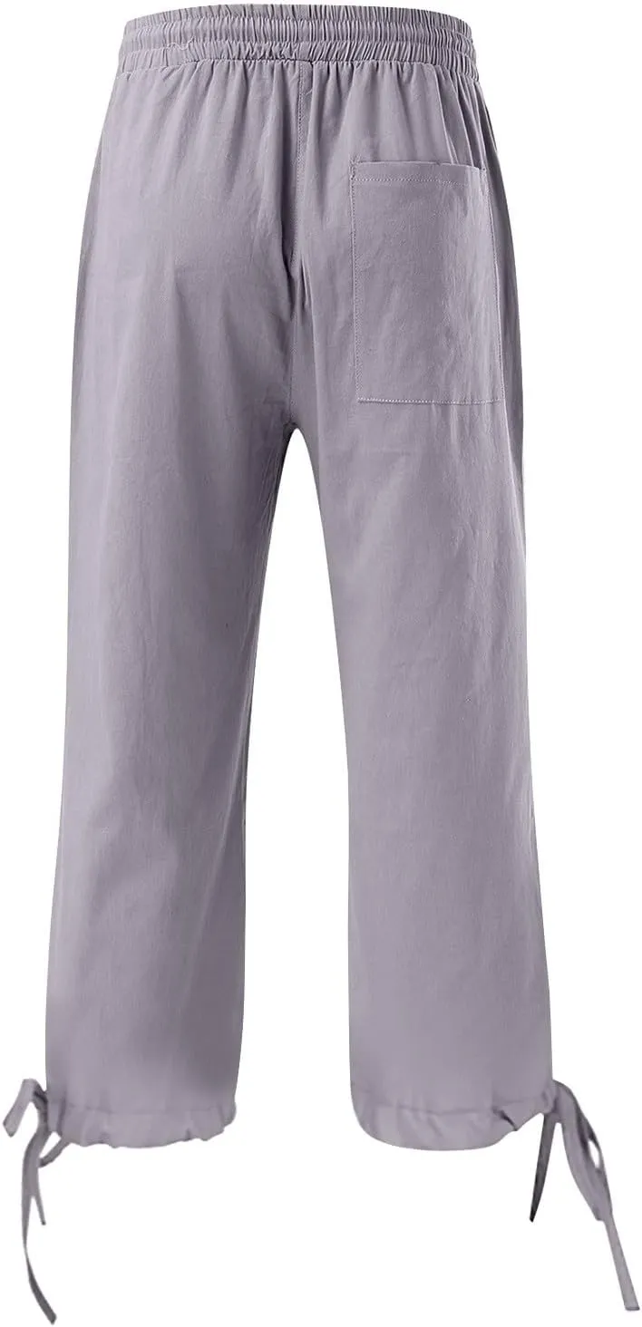 GIERIDUC Capris Pants for Women Cotton Linen Casual Summer Straight Wide Leg Loose Drawstring Elastic Waist Cropped Trousers
