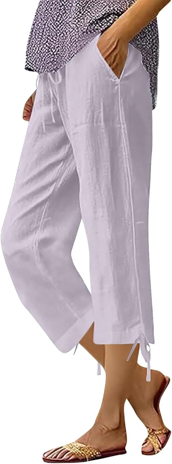 GIERIDUC Capris Pants for Women Cotton Linen Casual Summer Straight Wide Leg Loose Drawstring Elastic Waist Cropped Trousers