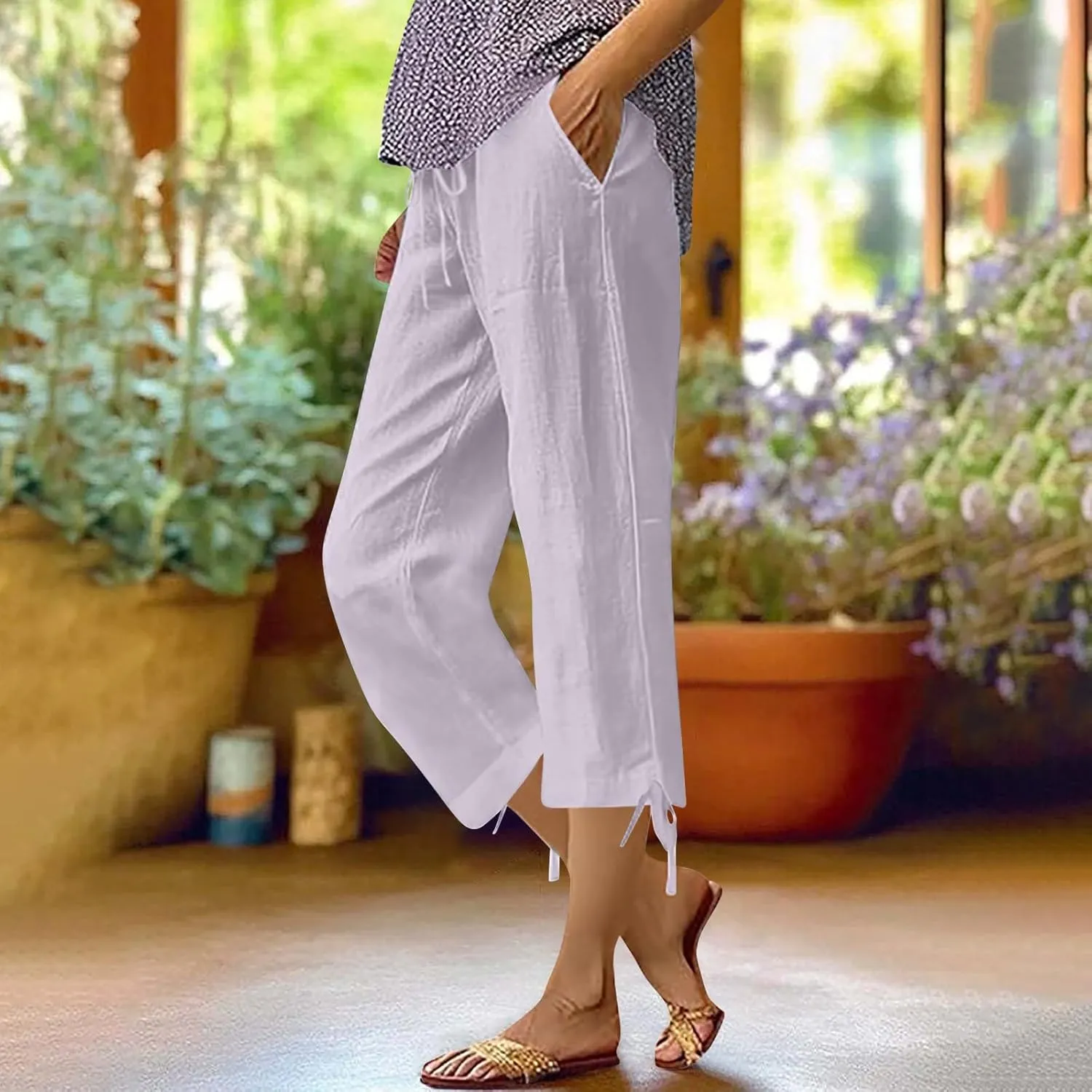 GIERIDUC Capris Pants for Women Cotton Linen Casual Summer Straight Wide Leg Loose Drawstring Elastic Waist Cropped Trousers