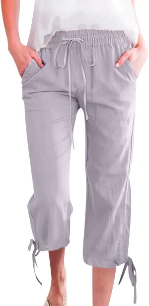 GIERIDUC Capris Pants for Women Cotton Linen Casual Summer Straight Wide Leg Loose Drawstring Elastic Waist Cropped Trousers