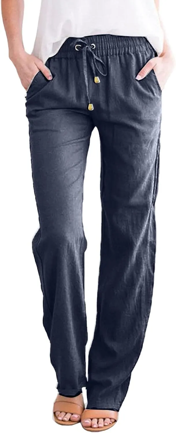 GIERIDUC Womens Linen Pants 2025 Spring Casual Loose Wide Leg Palazzo Pants Drawstring High Waist Flowy Summer Beach Trousers