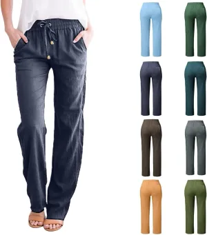 GIERIDUC Womens Linen Pants 2025 Spring Casual Loose Wide Leg Palazzo Pants Drawstring High Waist Flowy Summer Beach Trousers