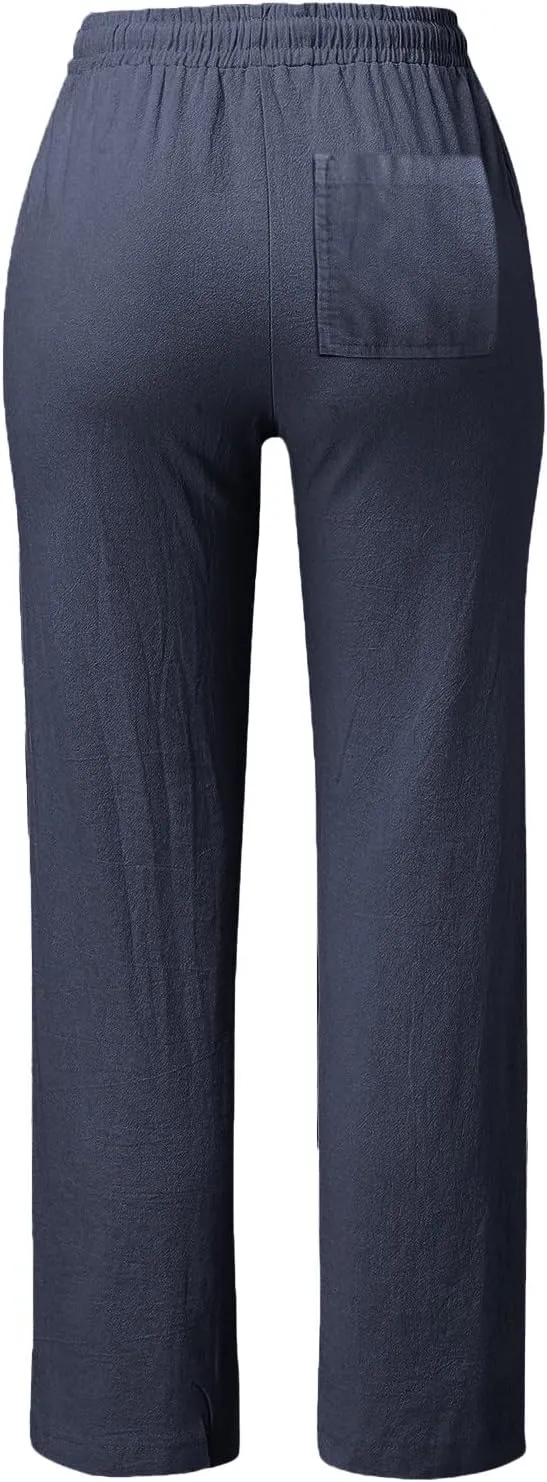 GIERIDUC Womens Linen Pants 2025 Spring Casual Loose Wide Leg Palazzo Pants Drawstring High Waist Flowy Summer Beach Trousers