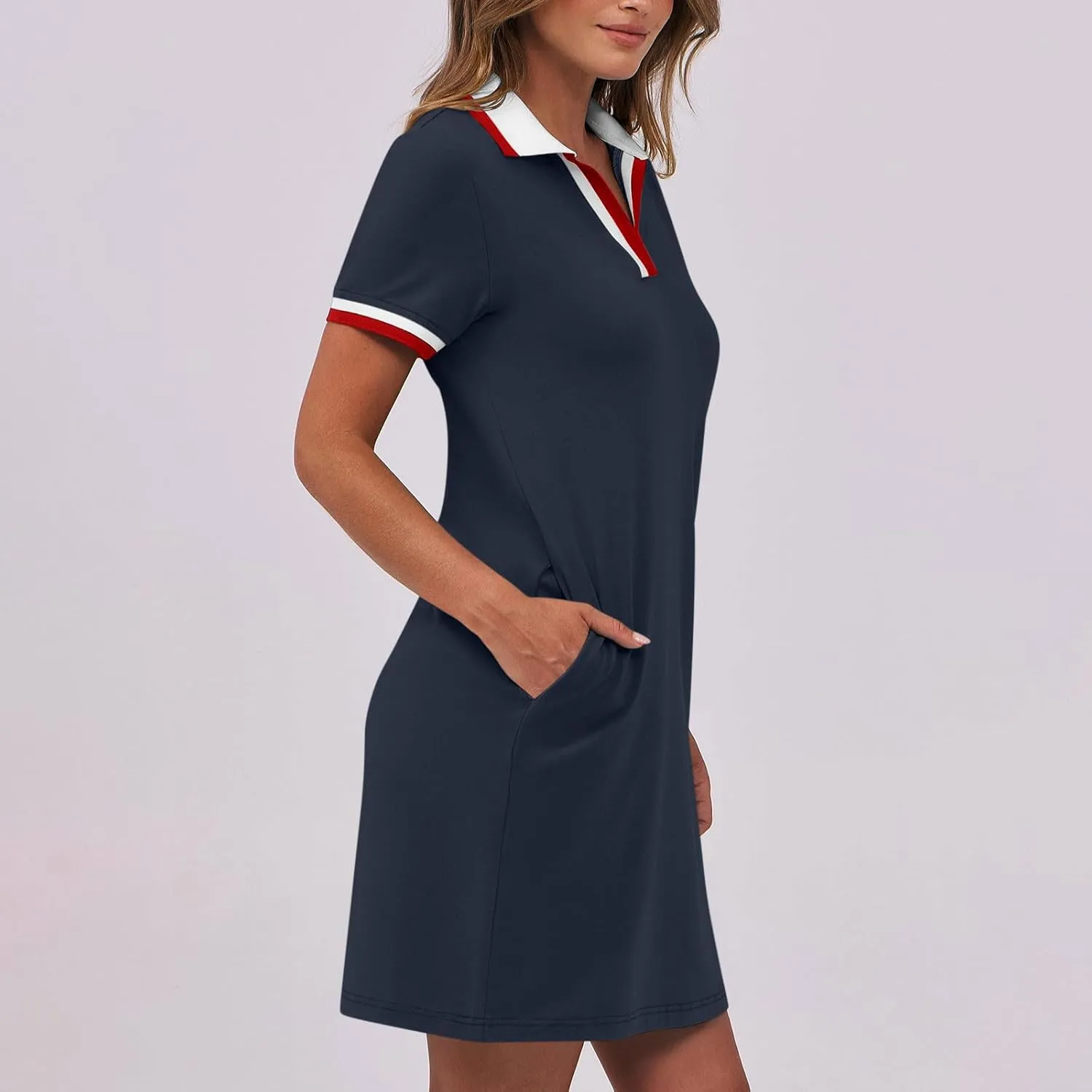 hlysgo Mini Dresses for Women 2025 Summer Casual Short Sleeve V Neck Tennis Dresses Trendy Short T-Shirt Dress with Pockets