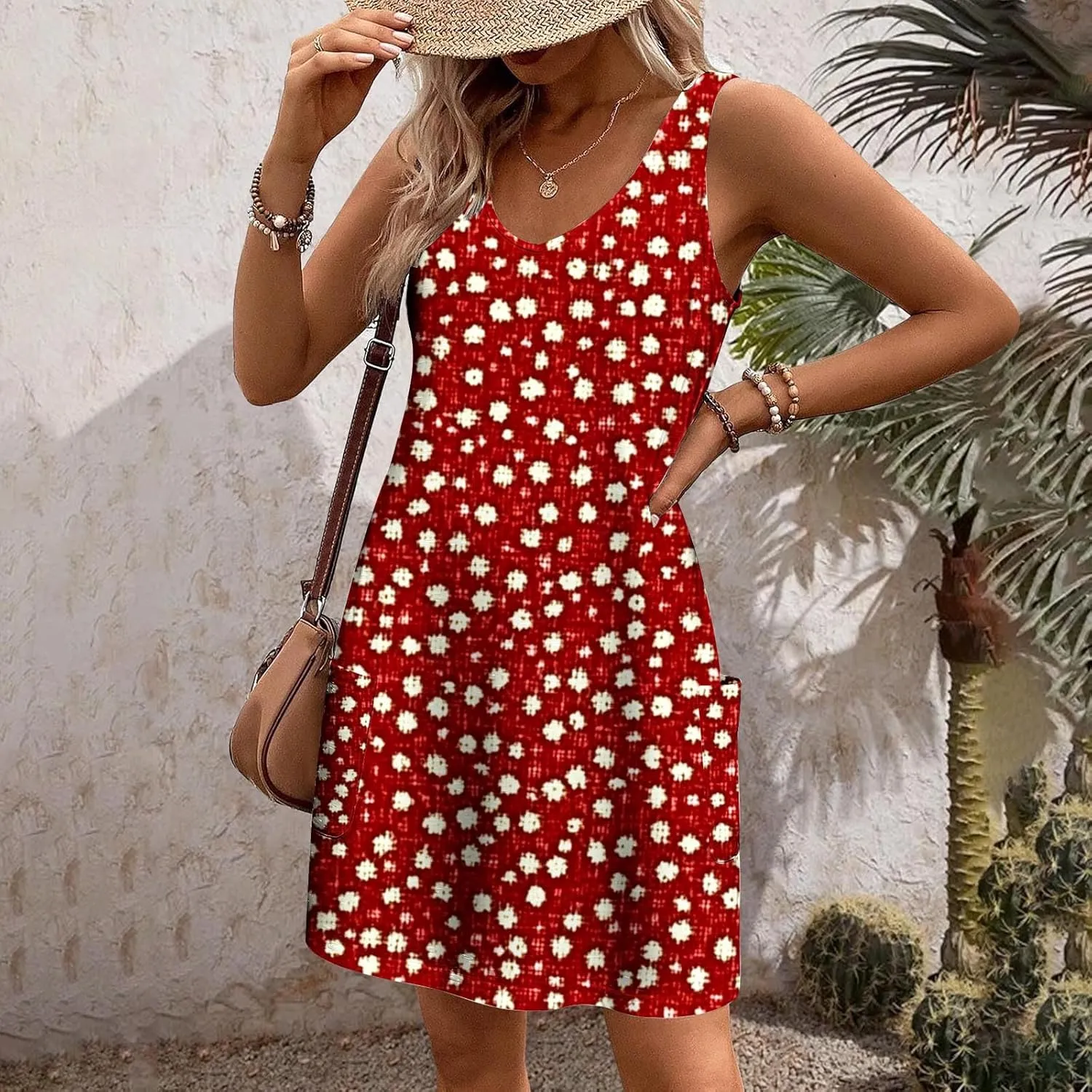 hlysgo Summer Mini Dress for Women Casual Sleeveless V Neck Beach Dresses Trendy Floral Print Short Sundress with Pockets