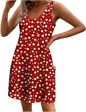 hlysgo Summer Mini Dress for Women Casual Sleeveless V Neck Beach Dresses Trendy Floral Print Short Sundress with Pockets