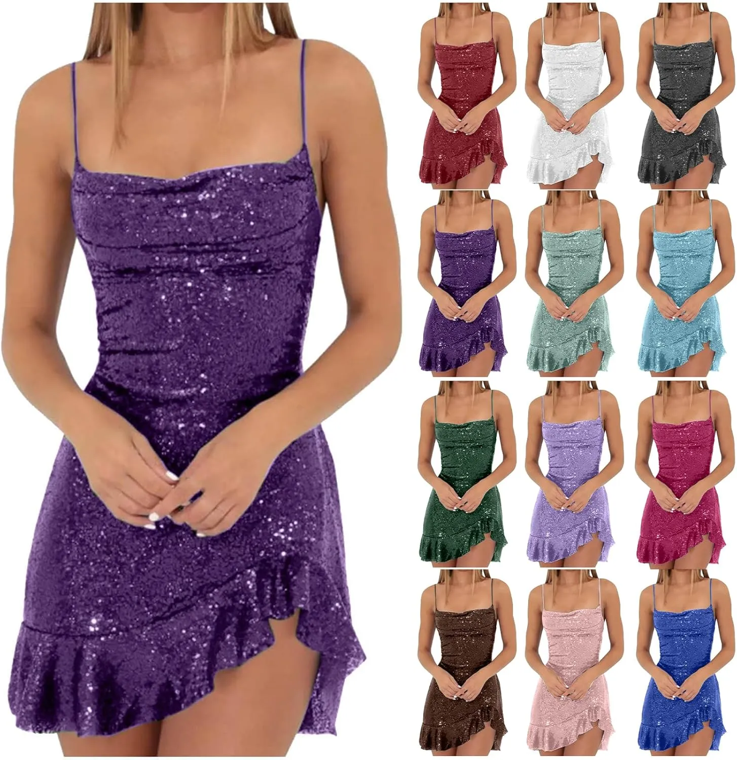 Homecoming Dress for Teens 2025 Spaghetti Straps Mini Dress Glitter Irregular Ruffle Hem Cocktail Party Dresses