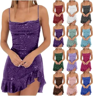 Homecoming Dress for Teens 2025 Spaghetti Straps Mini Dress Glitter Irregular Ruffle Hem Cocktail Party Dresses