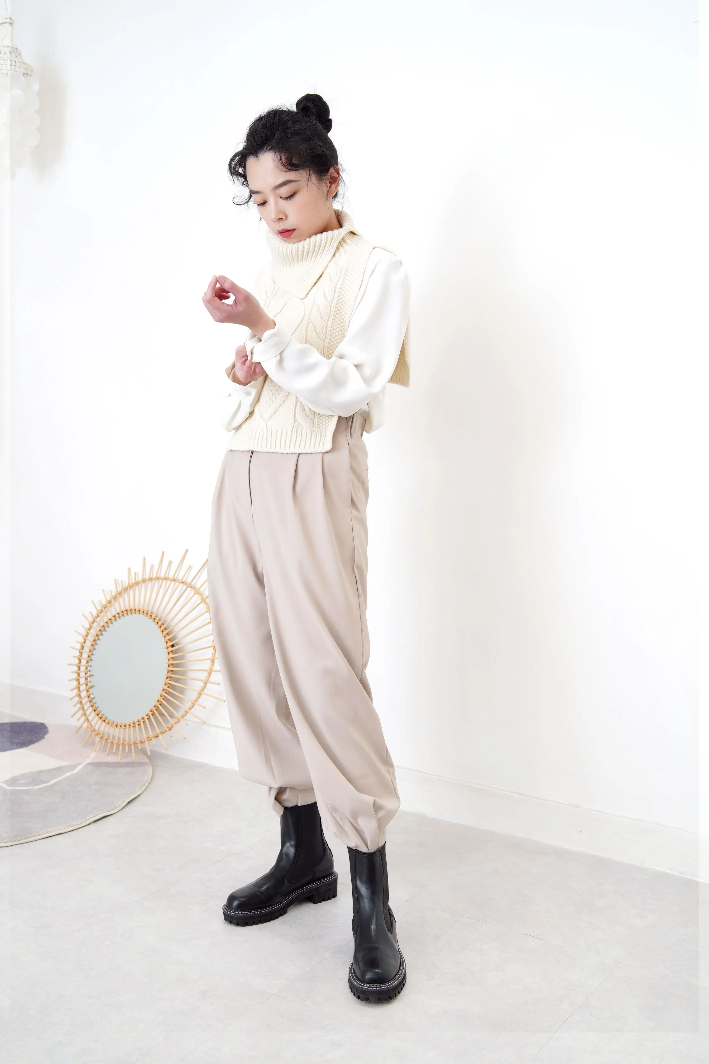 Ivory wool knit vest cape in turtle neck collar