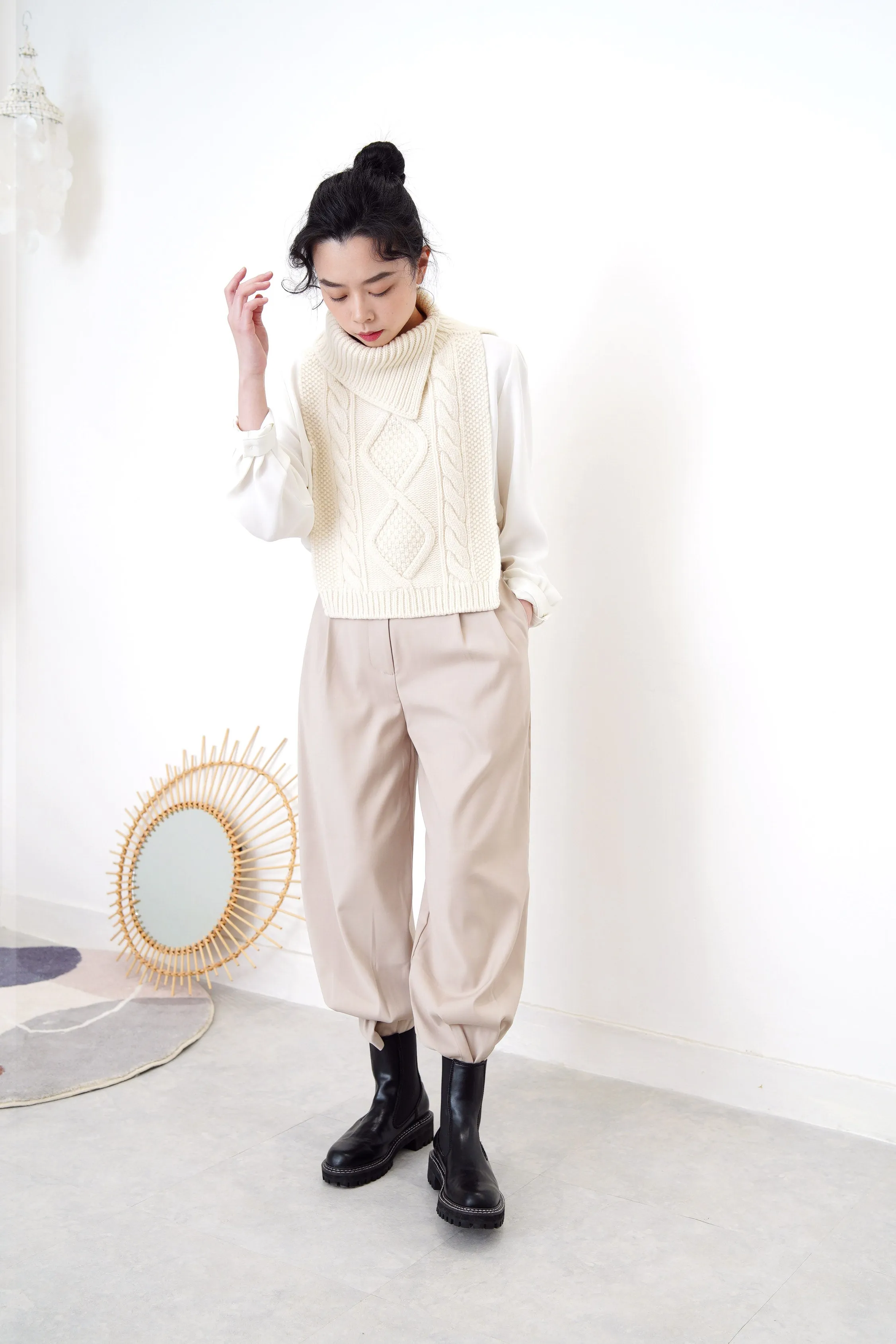 Ivory wool knit vest cape in turtle neck collar