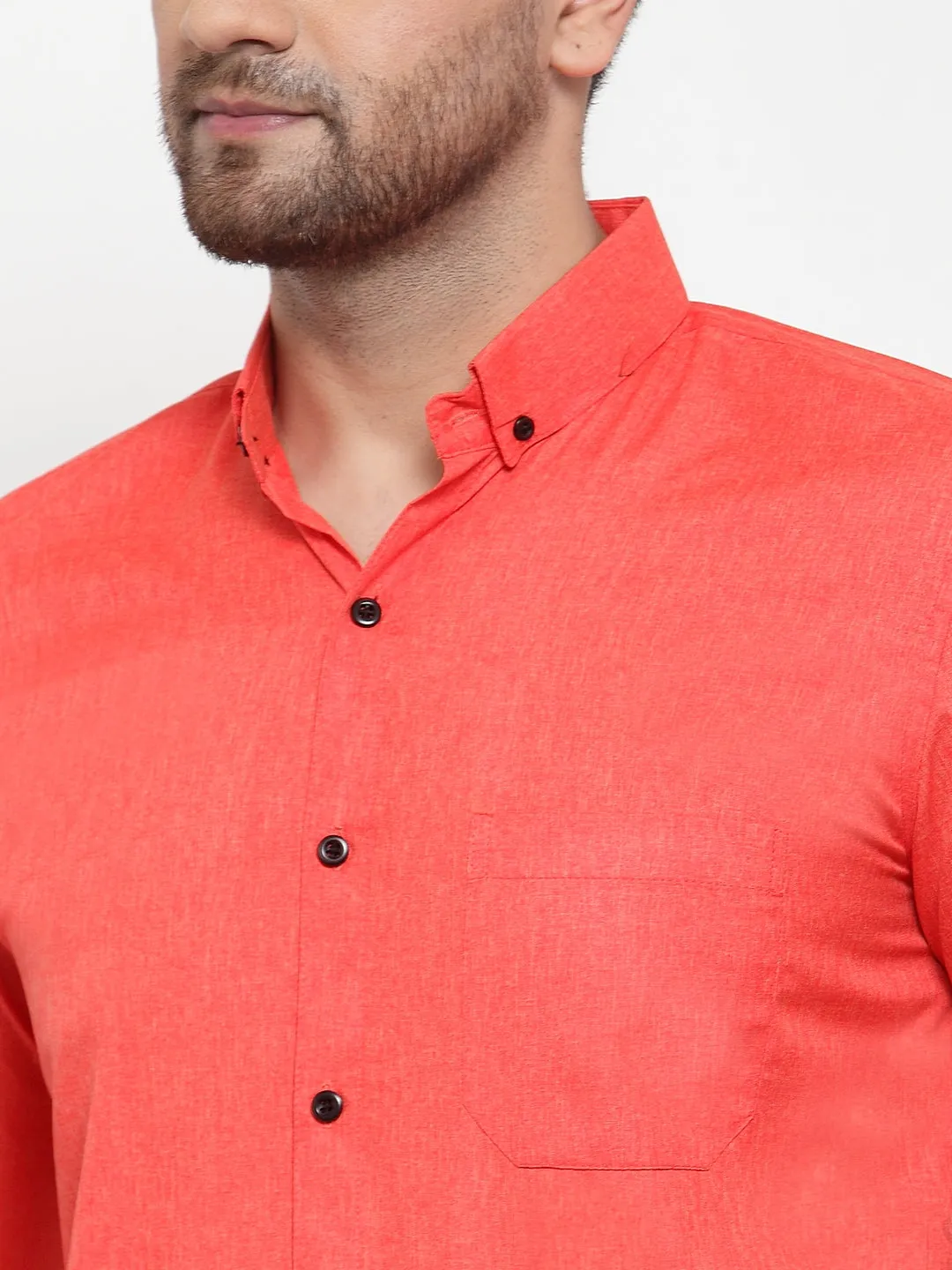 Jashvi Orange Men's Cotton Solid Button Down Formal Shirts
