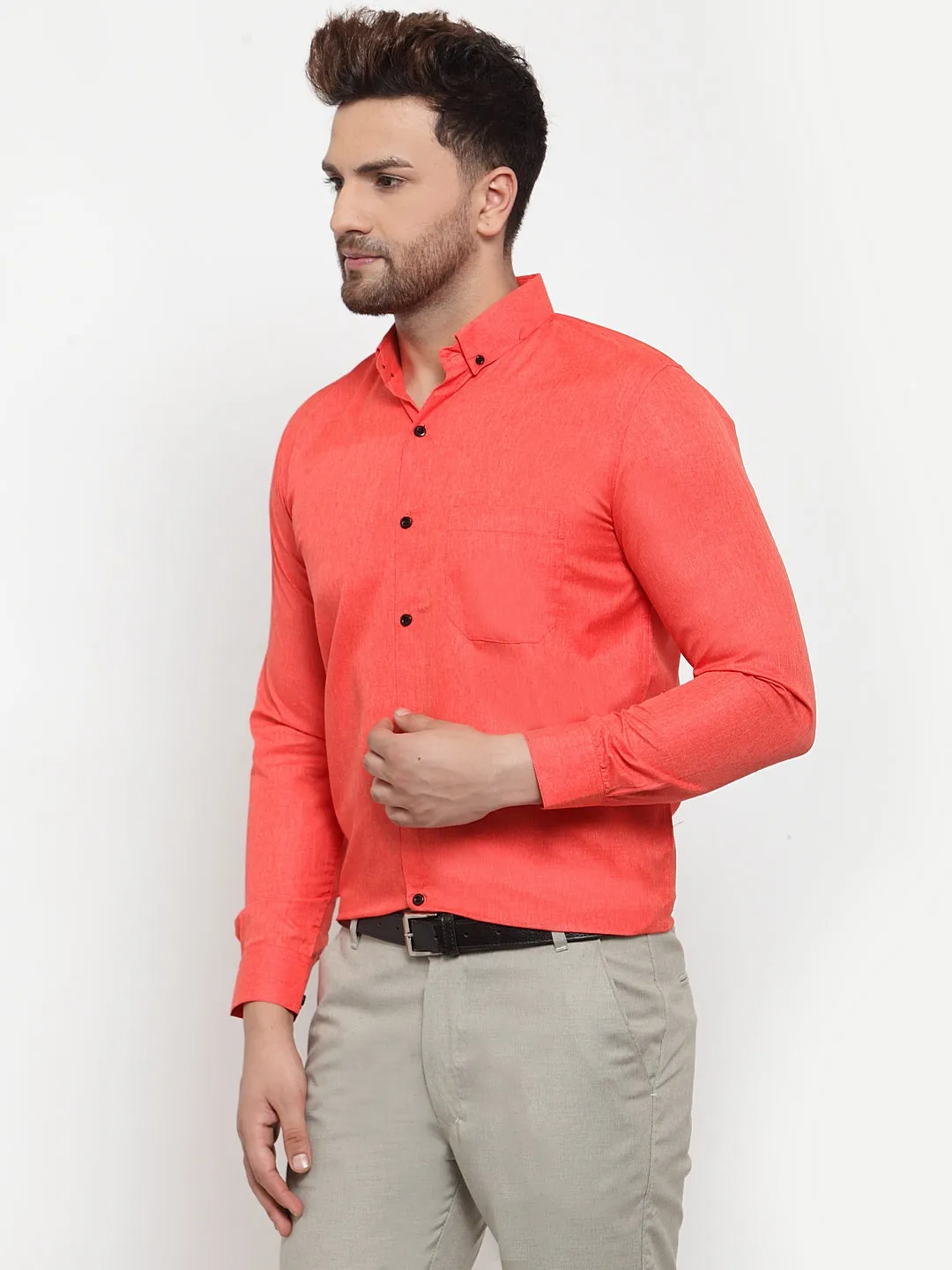 Jashvi Orange Men's Cotton Solid Button Down Formal Shirts