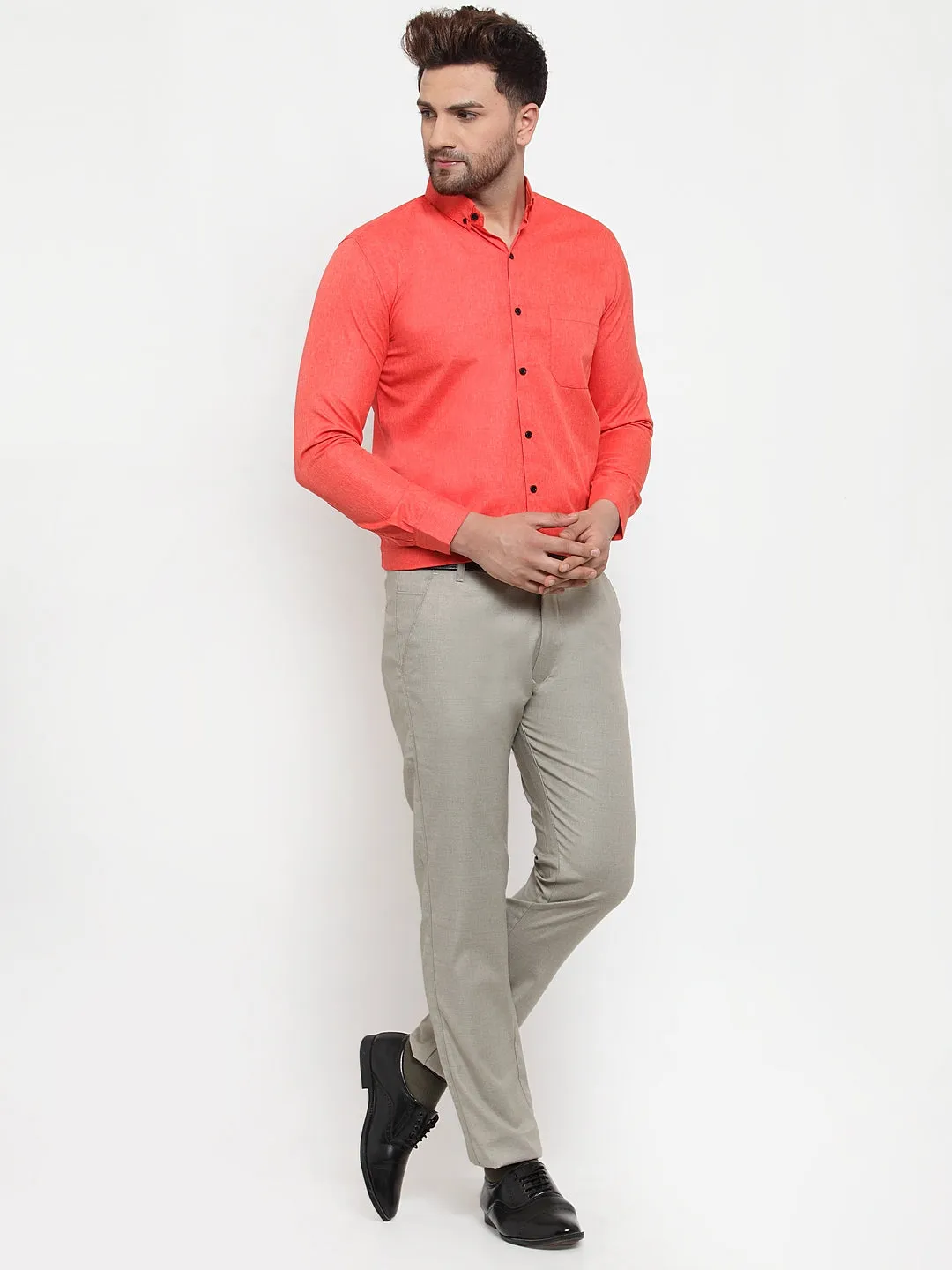Jashvi Orange Men's Cotton Solid Button Down Formal Shirts