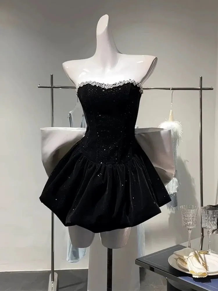 JazzHer Chic A Line Strapless Black Velvet Cocktail Dresses Short Homecoming Dress (PRE-ORDER)