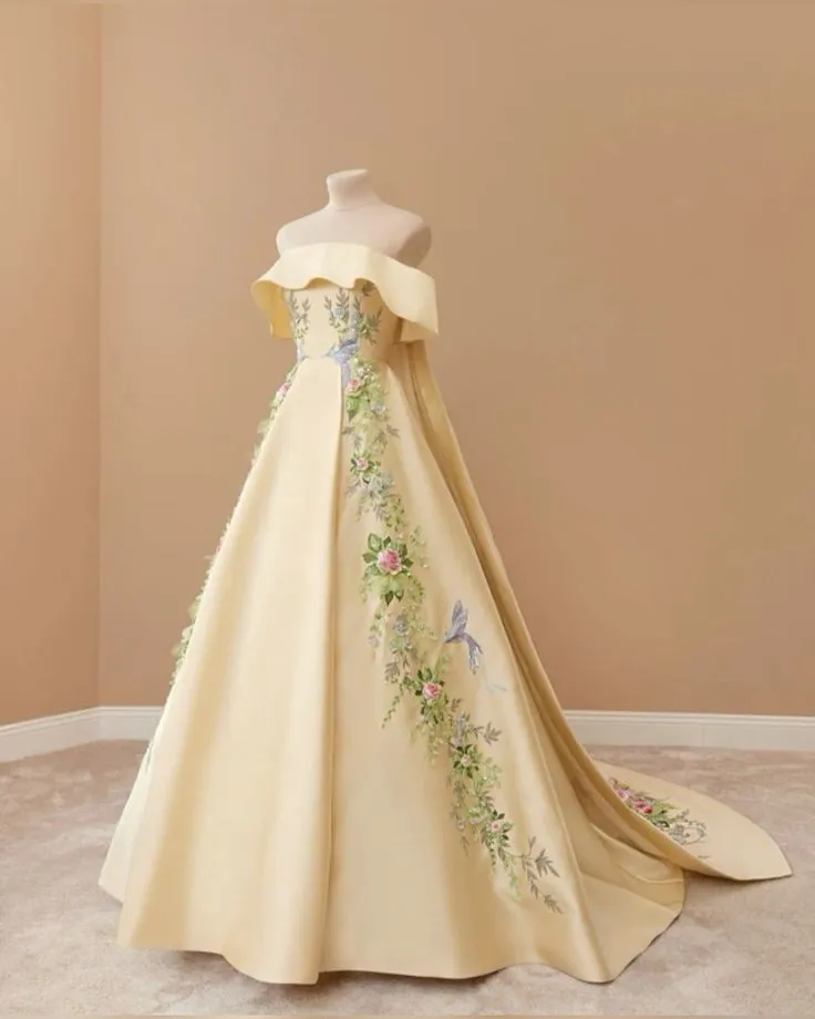 JazzHer Chic Ball Gown Strapless Floral Satin Long Prom Dresses With Lace Party Dress (PRE-ORDER)