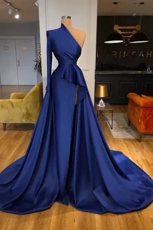 kamahe Dark Royal Blue One shoulder Ruffles Side-cut Overskirt Prom Dress