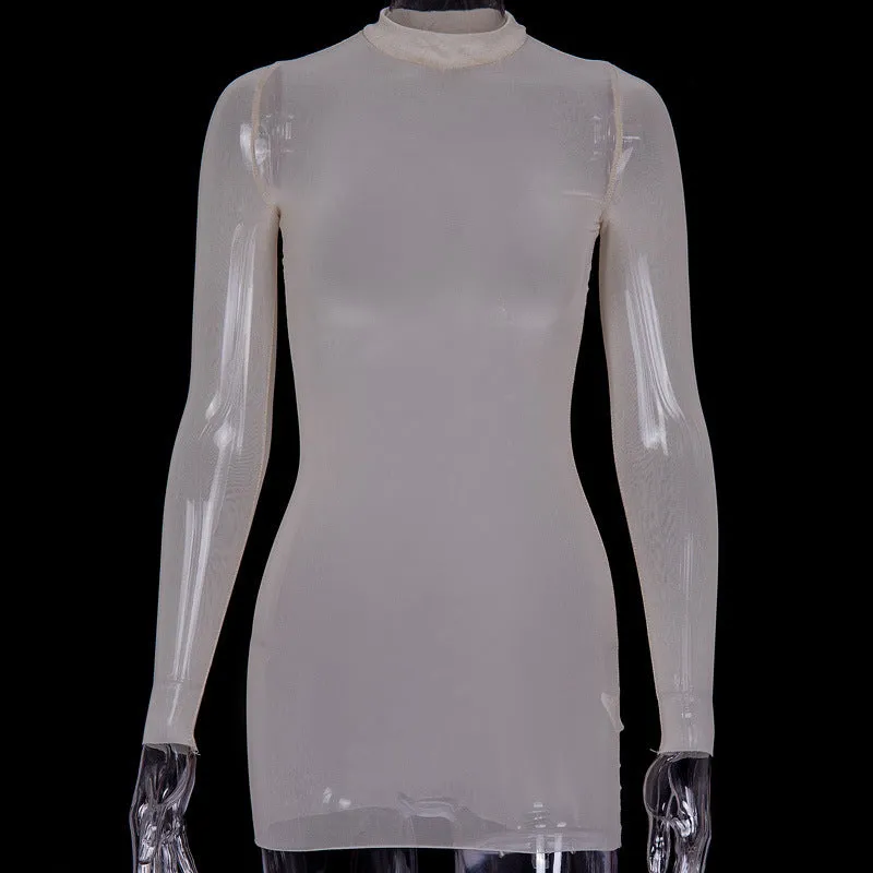 Knit Mesh Long Sleeve Bodycon Sheer Black Dress