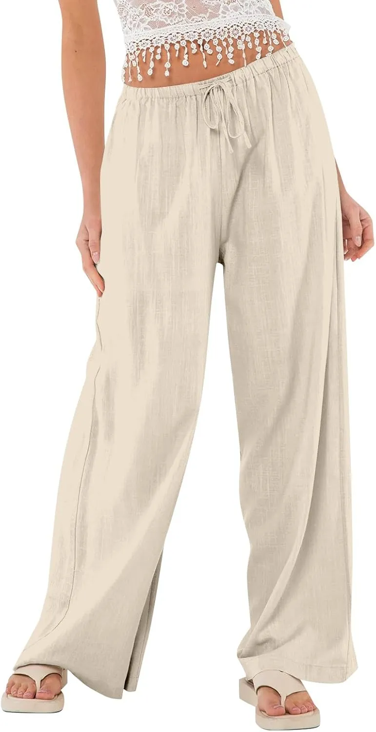 Ladies Linen Pants Summer Drawstring High Waist Wide Pants Palazzo Pant Casual Tummy Control Trousers with Pockets
