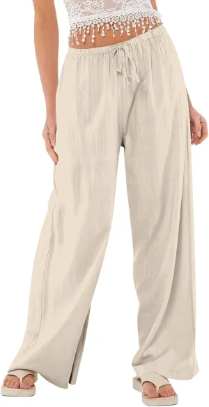 Ladies Linen Pants Summer Drawstring High Waist Wide Pants Palazzo Pant Casual Tummy Control Trousers with Pockets