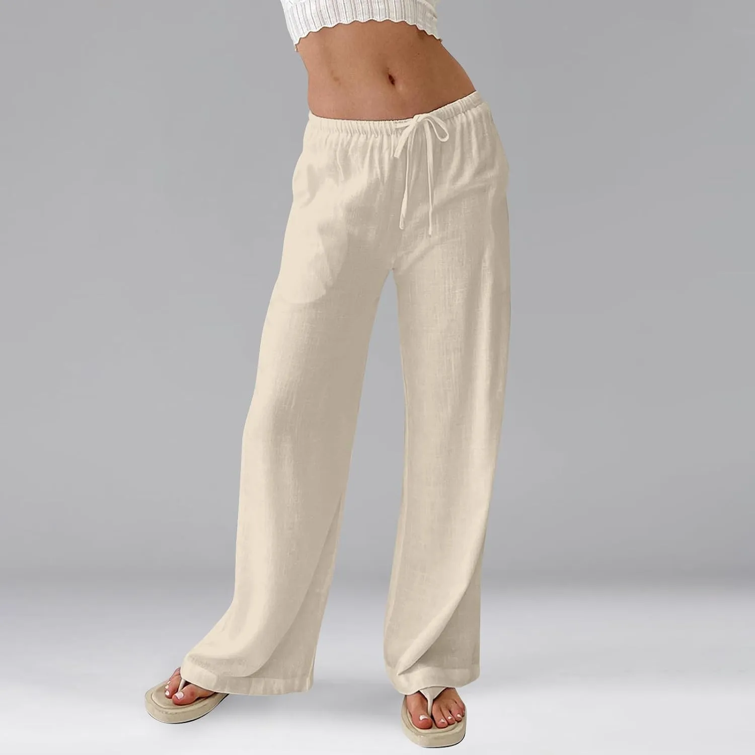 Ladies Linen Pants Summer Drawstring High Waist Wide Pants Palazzo Pant Casual Tummy Control Trousers with Pockets