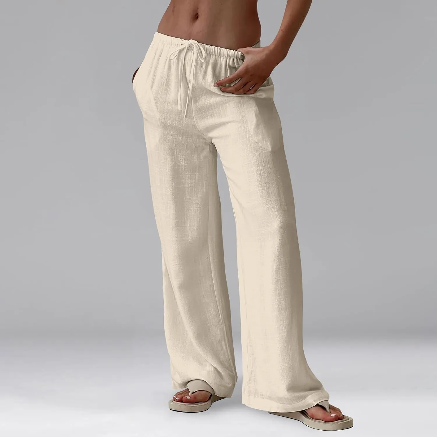 Ladies Linen Pants Summer Drawstring High Waist Wide Pants Palazzo Pant Casual Tummy Control Trousers with Pockets