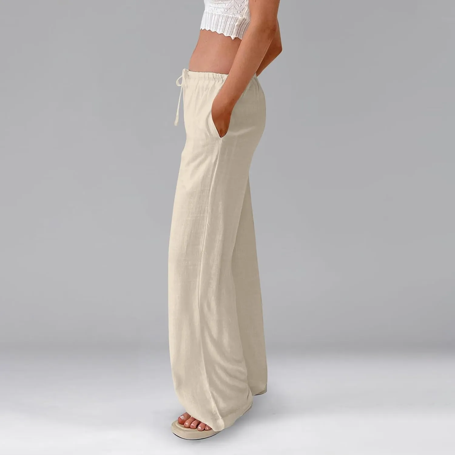 Ladies Linen Pants Summer Drawstring High Waist Wide Pants Palazzo Pant Casual Tummy Control Trousers with Pockets