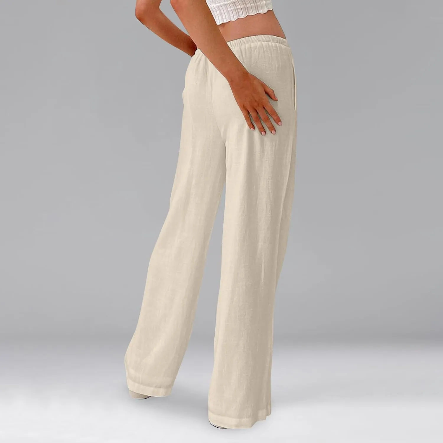 Ladies Linen Pants Summer Drawstring High Waist Wide Pants Palazzo Pant Casual Tummy Control Trousers with Pockets