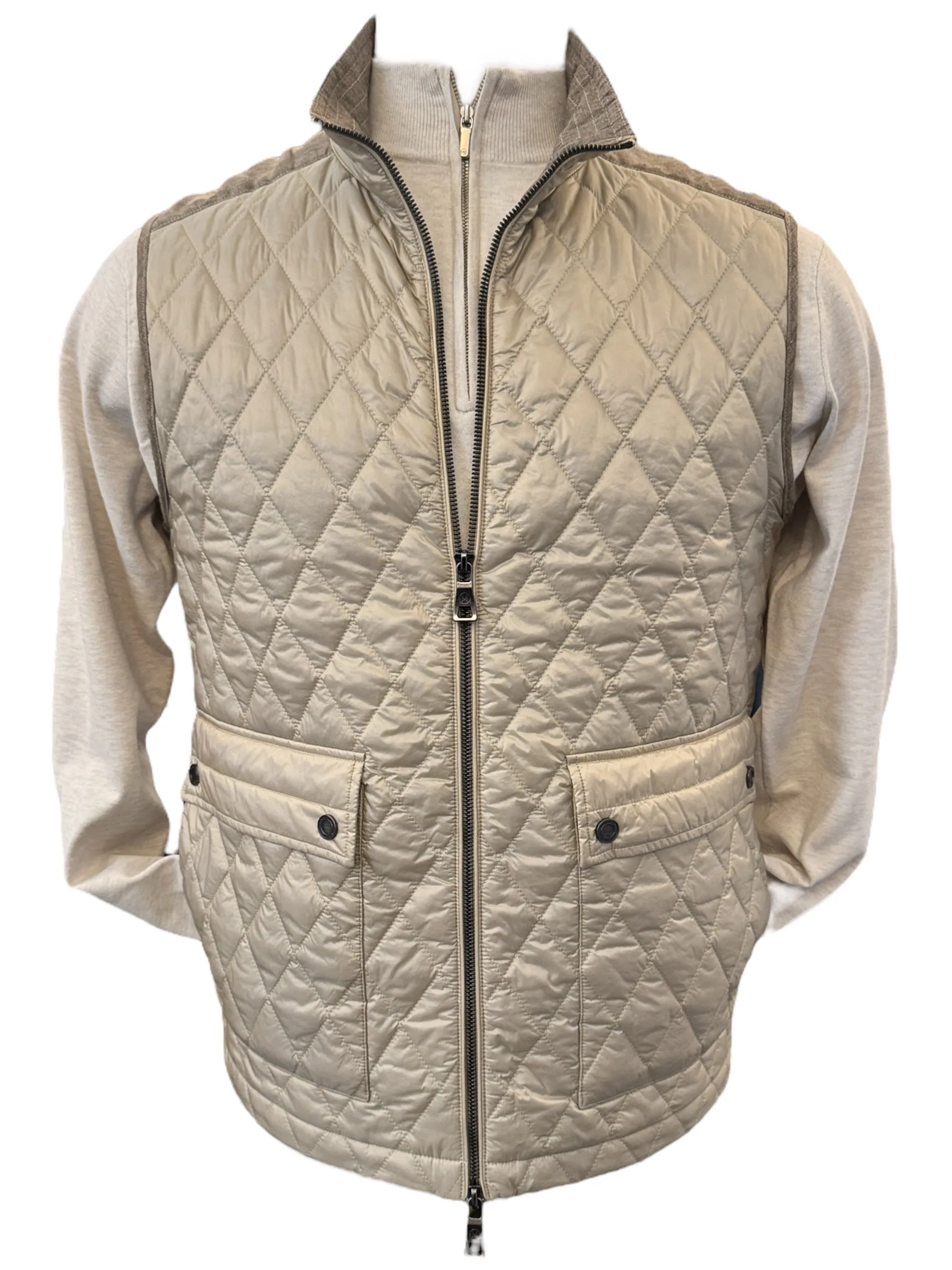 Maximilian Eddy Quilted Vest w/Linen Accent Beige