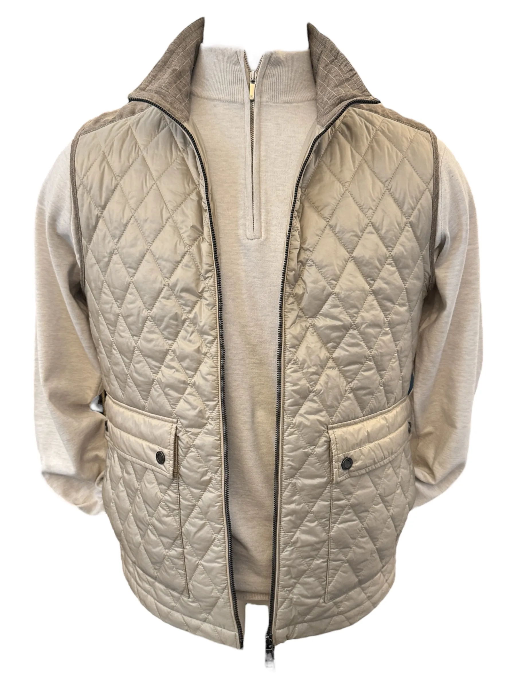 Maximilian Eddy Quilted Vest w/Linen Accent Beige
