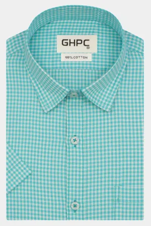 Men's 100% Cotton Checkered Half Sleeves Shirt (Sea Green)