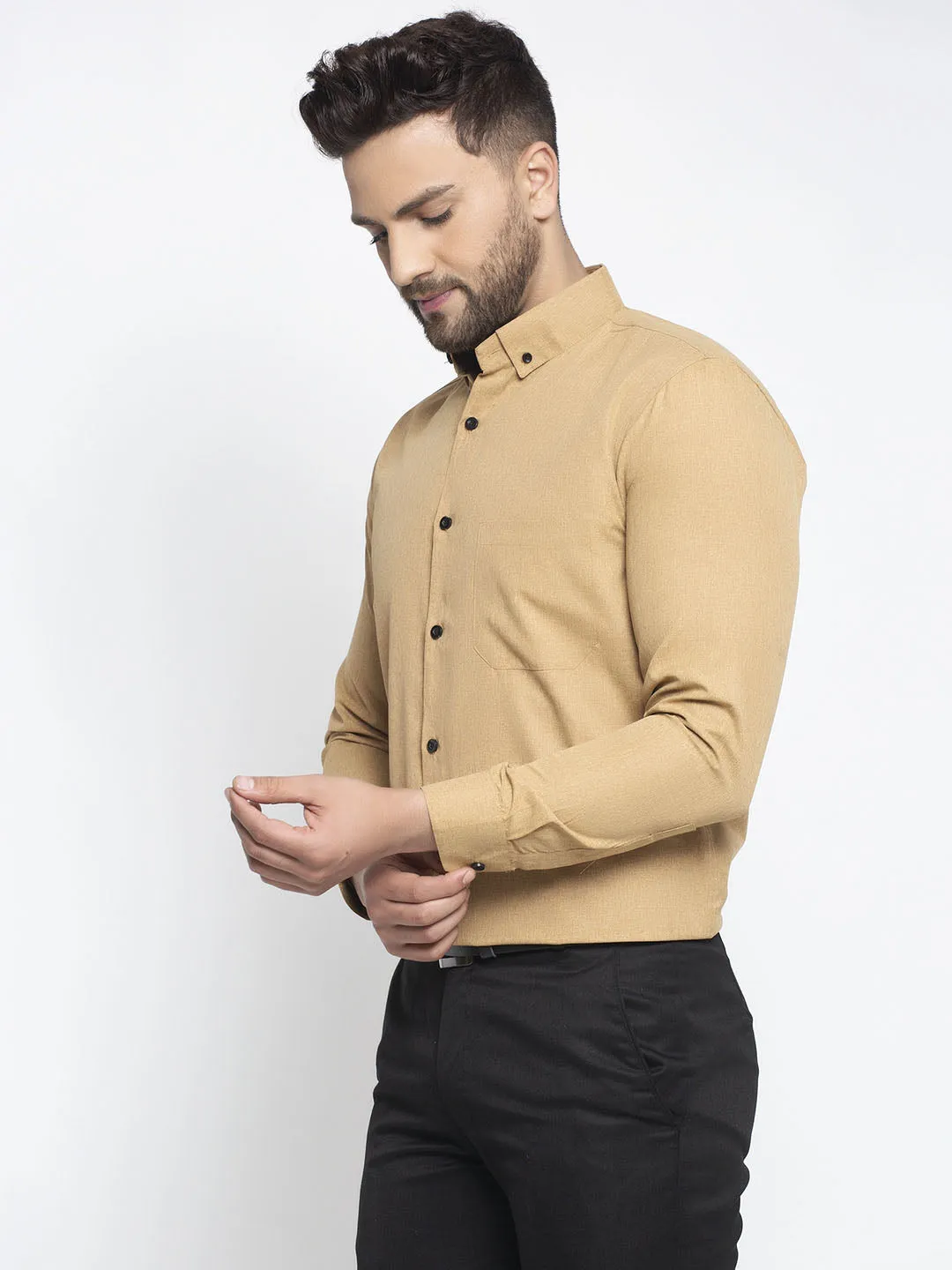 Men's Beige Cotton Solid Button Down Formal Shirts ( SF 734Beige ) - Jainish