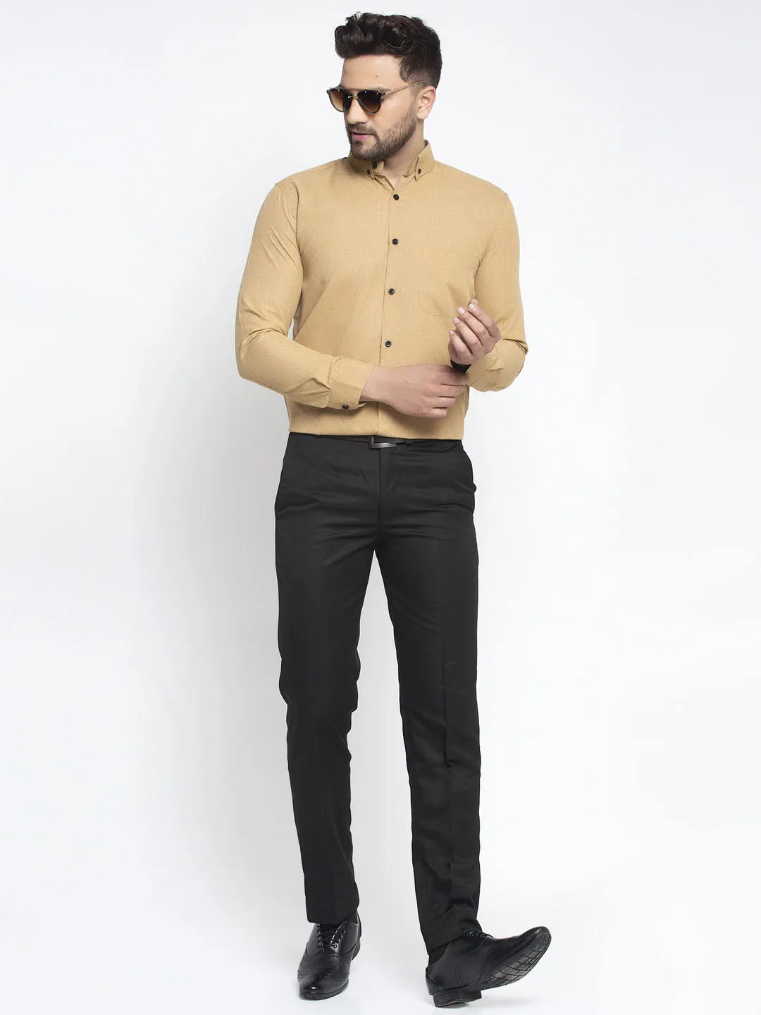 Men's Beige Cotton Solid Button Down Formal Shirts ( SF 734Beige ) - Jainish
